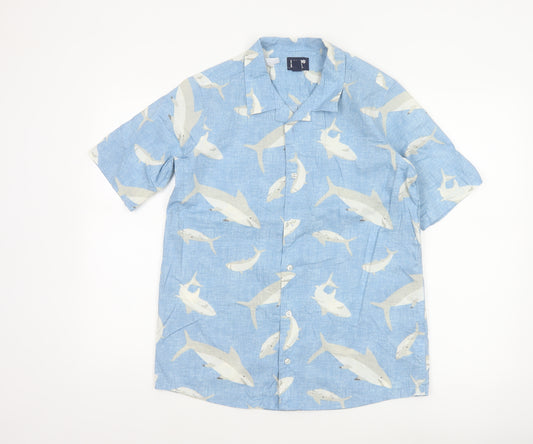 Lands' End Women's Blue Shark Print Button-Up Shirt UK 20 Short Sleeve