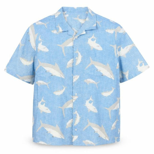 Lands' End Women's Blue Shark Print Button-Up Shirt UK 20 Short Sleeve