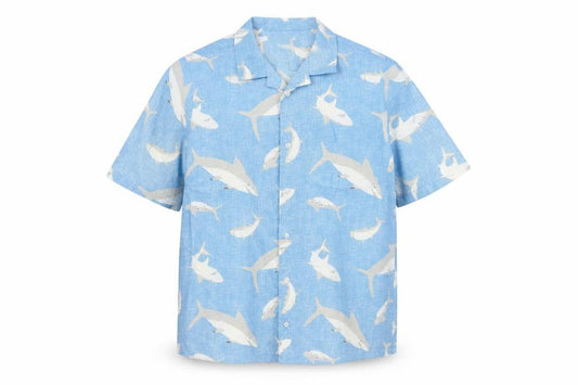 Lands' End Women's Blue Shark Print Button-Up Shirt UK 20 Short Sleeve