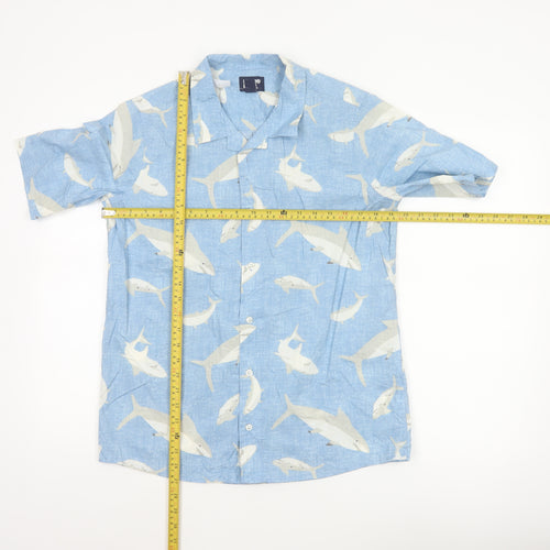 Lands' End Women's Blue Shark Print Button-Up Shirt UK 20 Short Sleeve