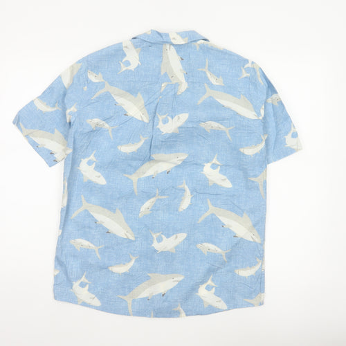 Lands' End Women's Blue Shark Print Button-Up Shirt UK 20 Short Sleeve
