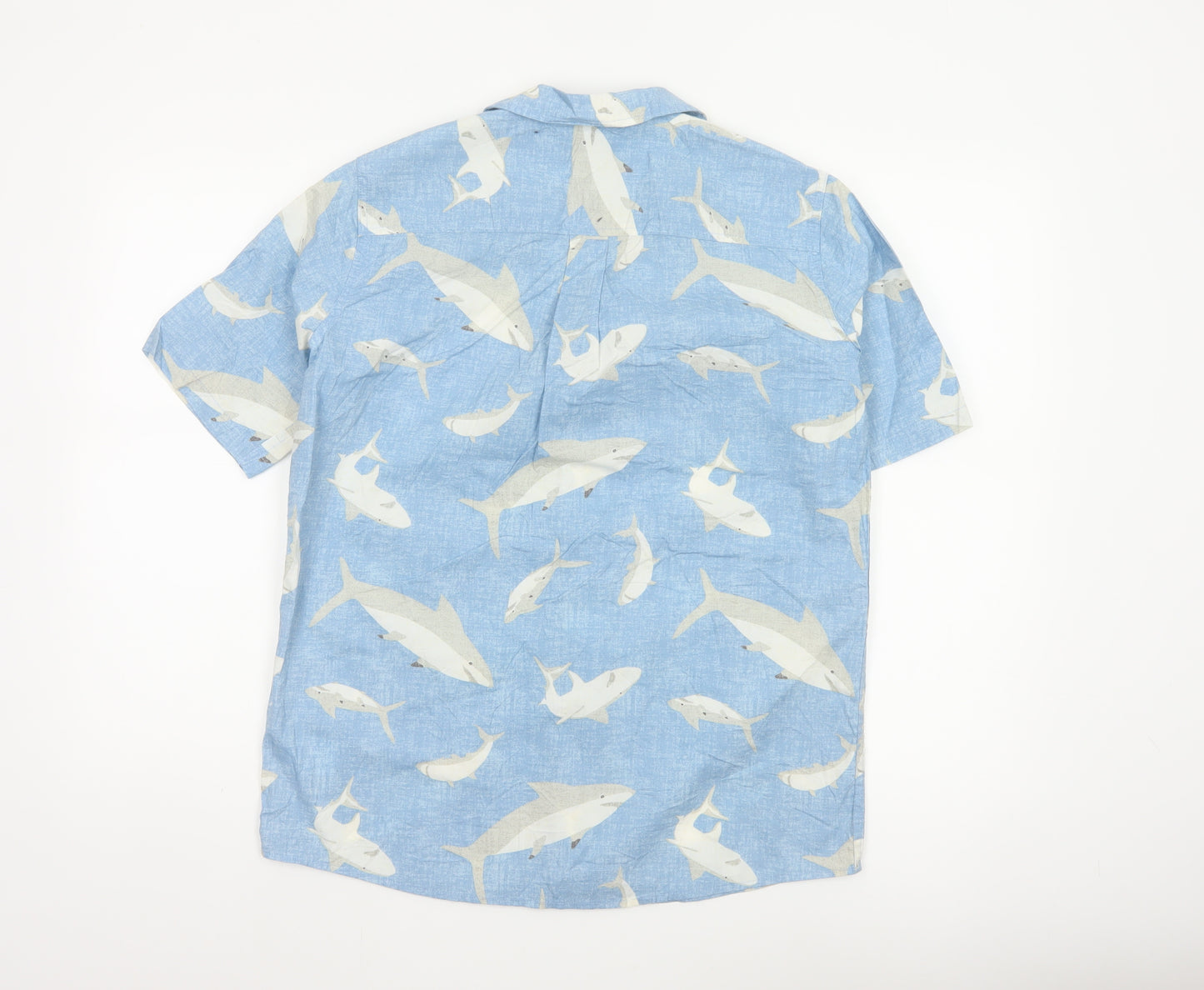 Lands' End Women's Blue Shark Print Button-Up Shirt UK 20 Short Sleeve