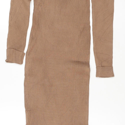 Misspap Women Brown S Ribbed Knit Maxi Jumper Dress Long Sleeve