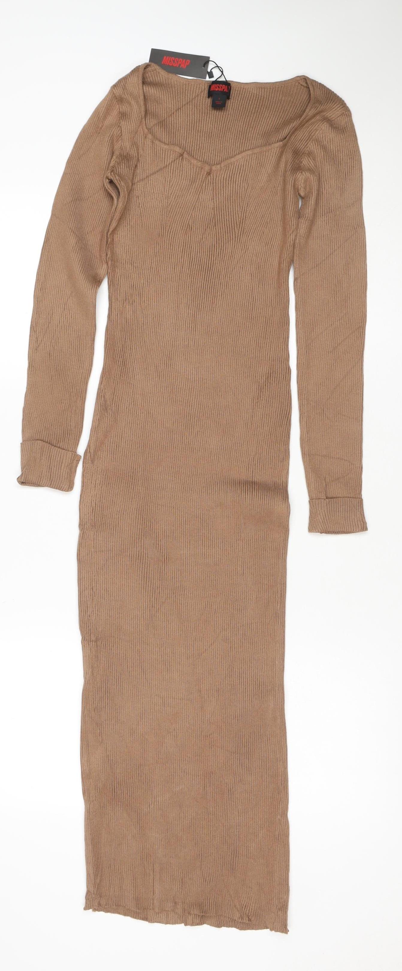 Misspap Women Brown S Ribbed Knit Maxi Jumper Dress Long Sleeve
