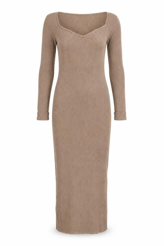Front view of Misspap Women Brown S Ribbed Knit Maxi Jumper Dress Long Sleeve