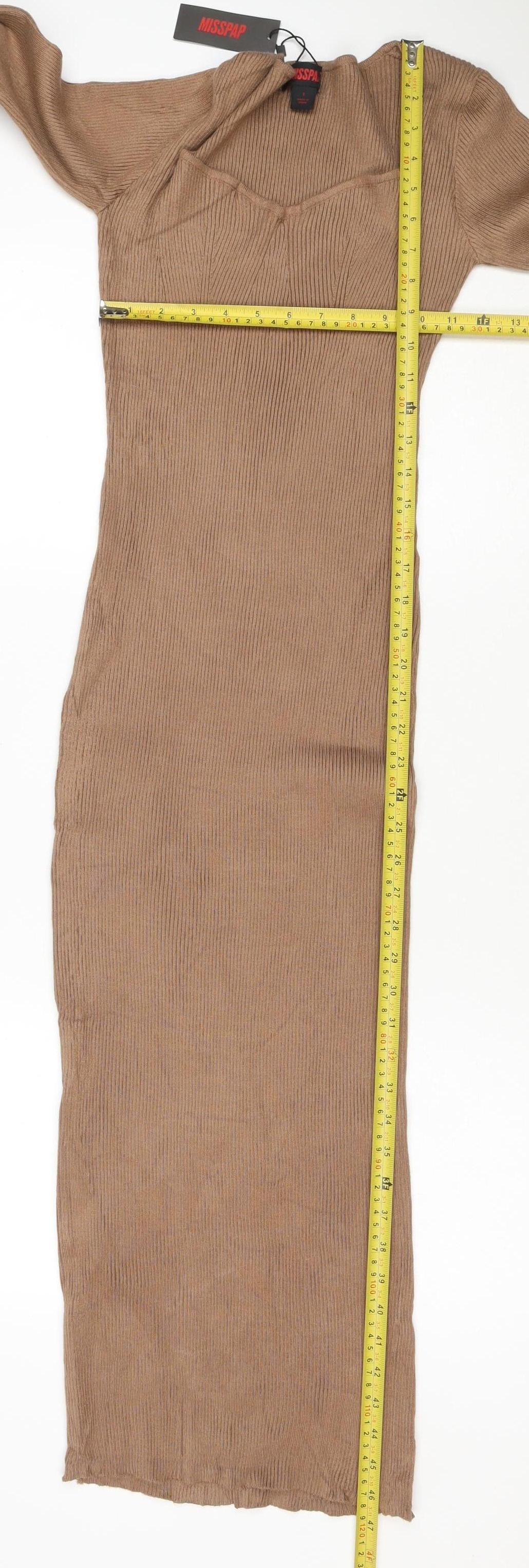 Misspap Women Brown S Ribbed Knit Maxi Jumper Dress Long Sleeve