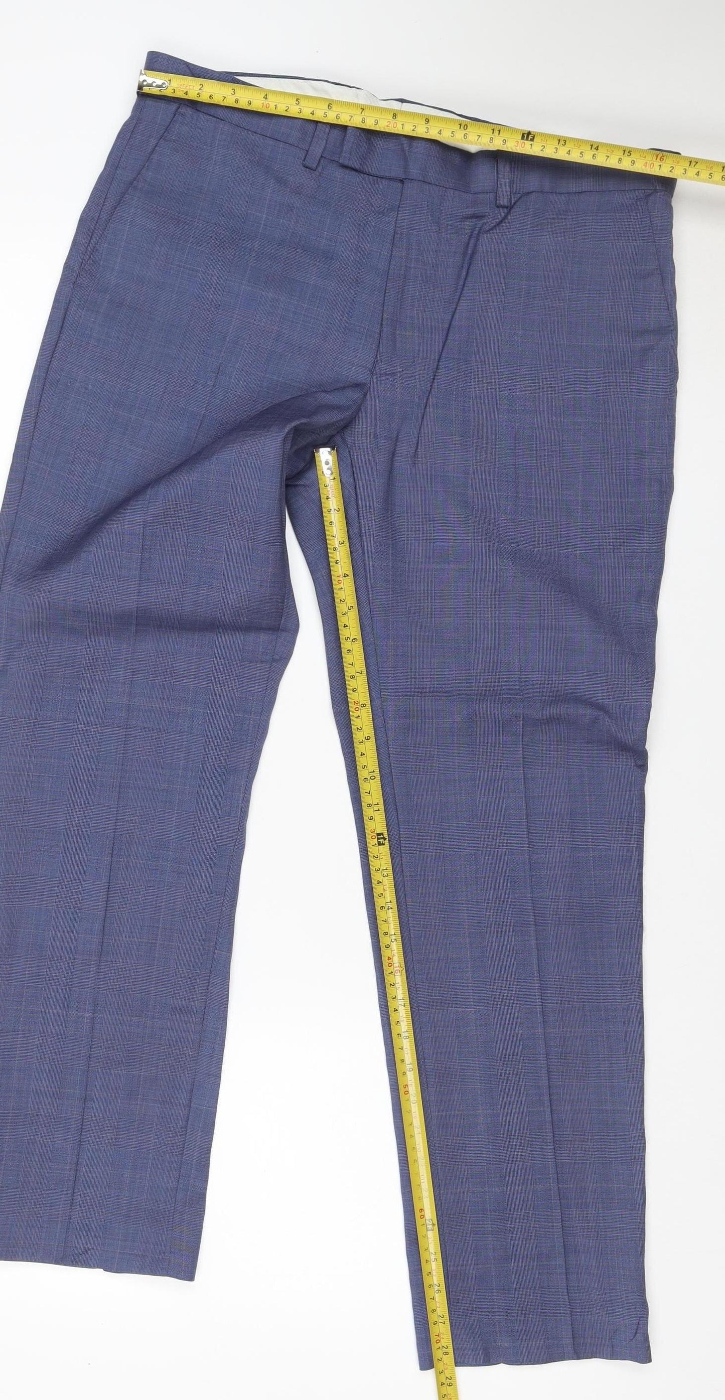 M&S Mens Blue Check Sartorial Slim Fit Dress Trousers 34 Short