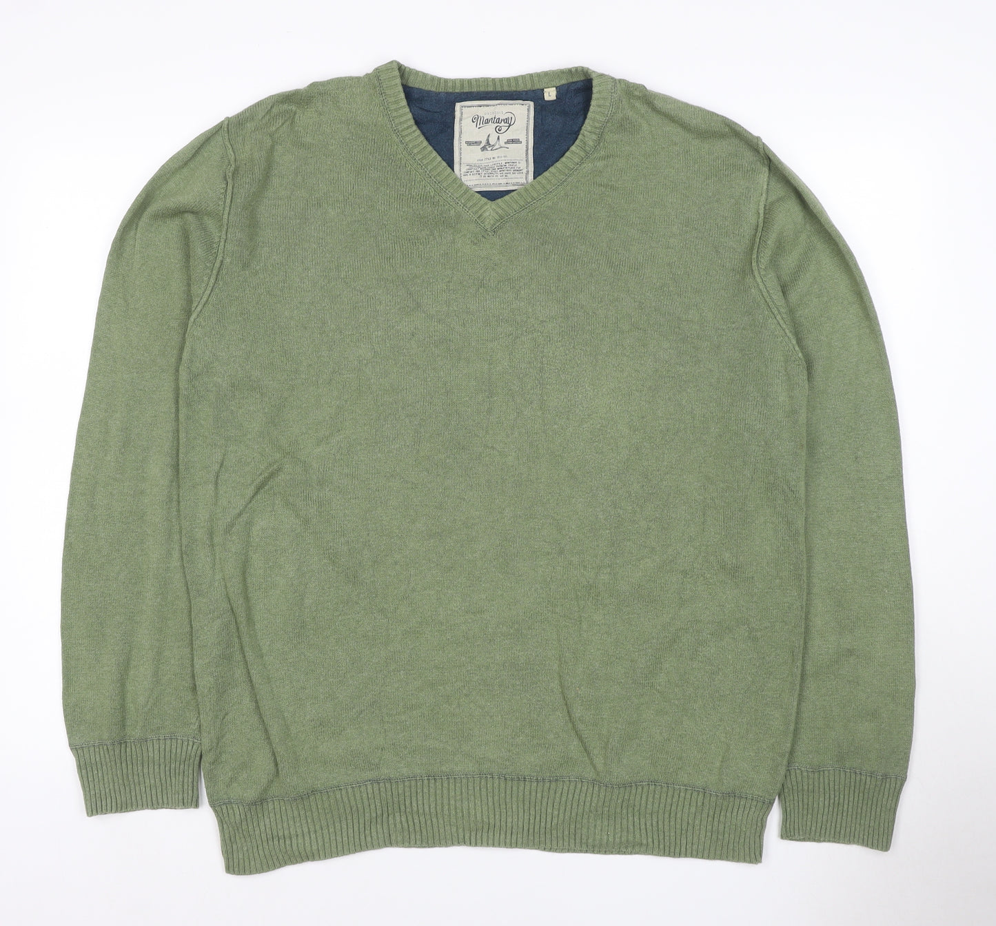 Mantaray Men’s Green L V-Neck Cotton Knit Pullover Jumper