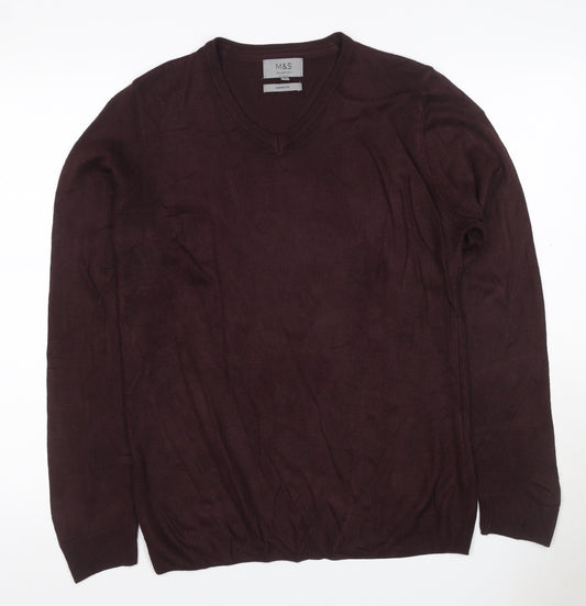 Marks and Spencer Mens Brown M V-Neck Cashmilon Acrylic Pullover Jumper