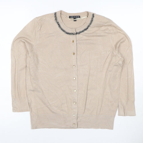 Cable & Gauge Women Beige M Beaded Jewel Neck Knit Cardigan