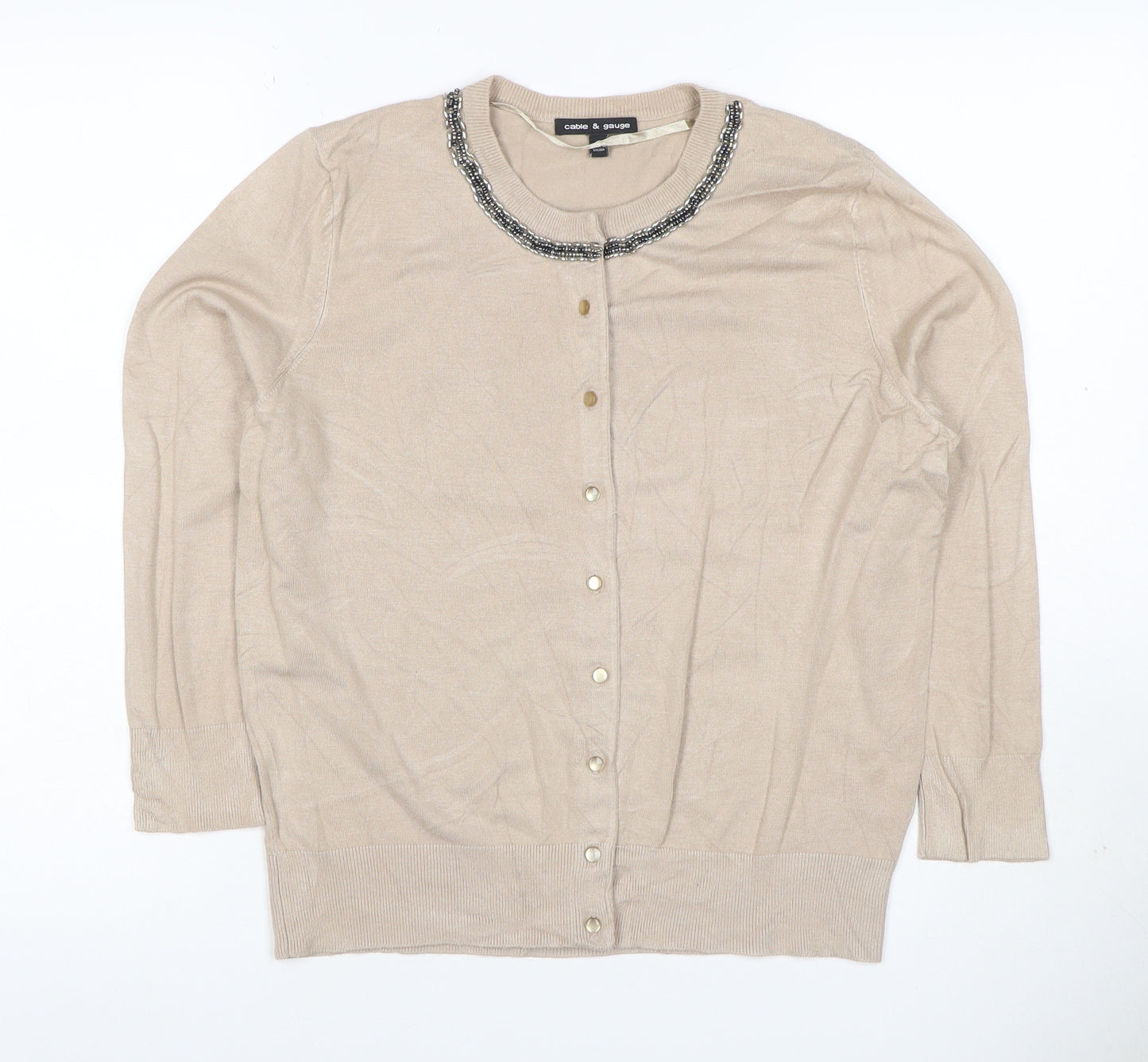 Cable & Gauge Women Beige M Beaded Jewel Neck Knit Cardigan