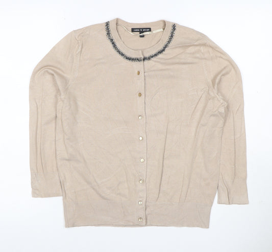 Cable & Gauge Women Beige M Beaded Jewel Neck Knit Cardigan
