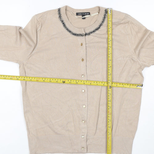 Cable & Gauge Women Beige M Beaded Jewel Neck Knit Cardigan