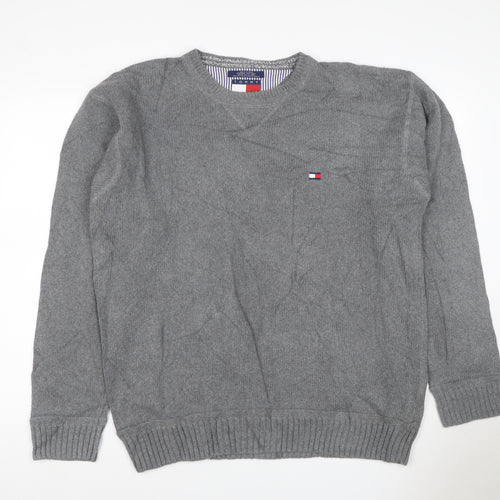 Tommy Hilfiger Men’s Grey Large Cotton Crew Neck Logo Pullover Jumper