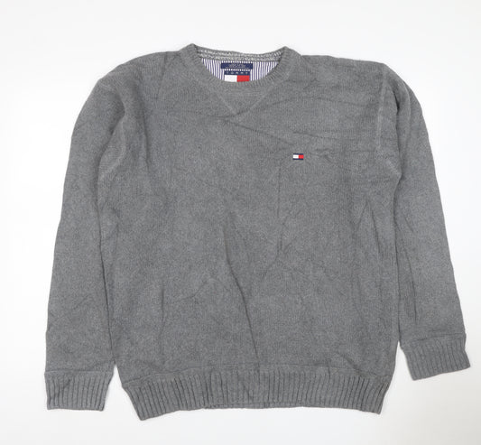 Tommy Hilfiger Men’s Grey Large Cotton Crew Neck Logo Pullover Jumper