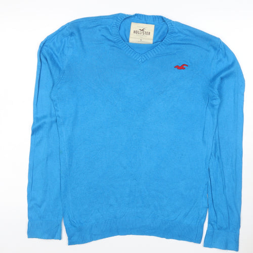 Hollister Men’s Blue S V-Neck Logo Cotton Knit Pullover Jumper