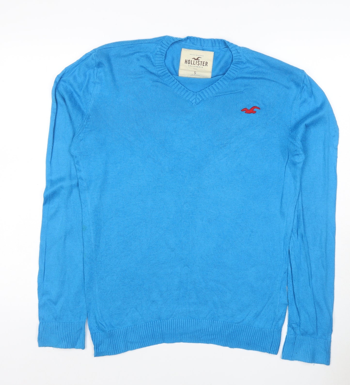 Hollister Men’s Blue S V-Neck Logo Cotton Knit Pullover Jumper