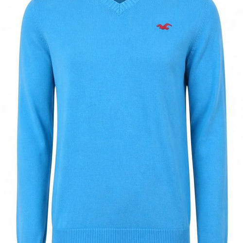 Hollister Men’s Blue S V-Neck Logo Cotton Knit Pullover Jumper
