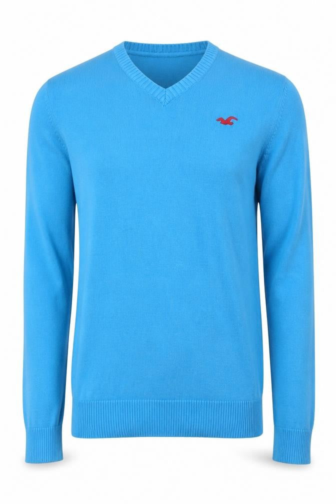 Hollister Men’s Blue S V-Neck Logo Cotton Knit Pullover Jumper