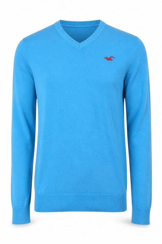Hollister Men’s Blue S V-Neck Logo Cotton Knit Pullover Jumper