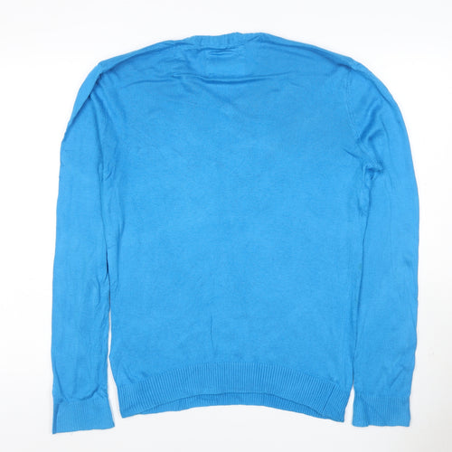 Hollister Men’s Blue S V-Neck Logo Cotton Knit Pullover Jumper