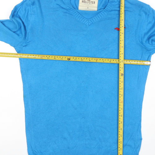 Hollister Men’s Blue S V-Neck Logo Cotton Knit Pullover Jumper