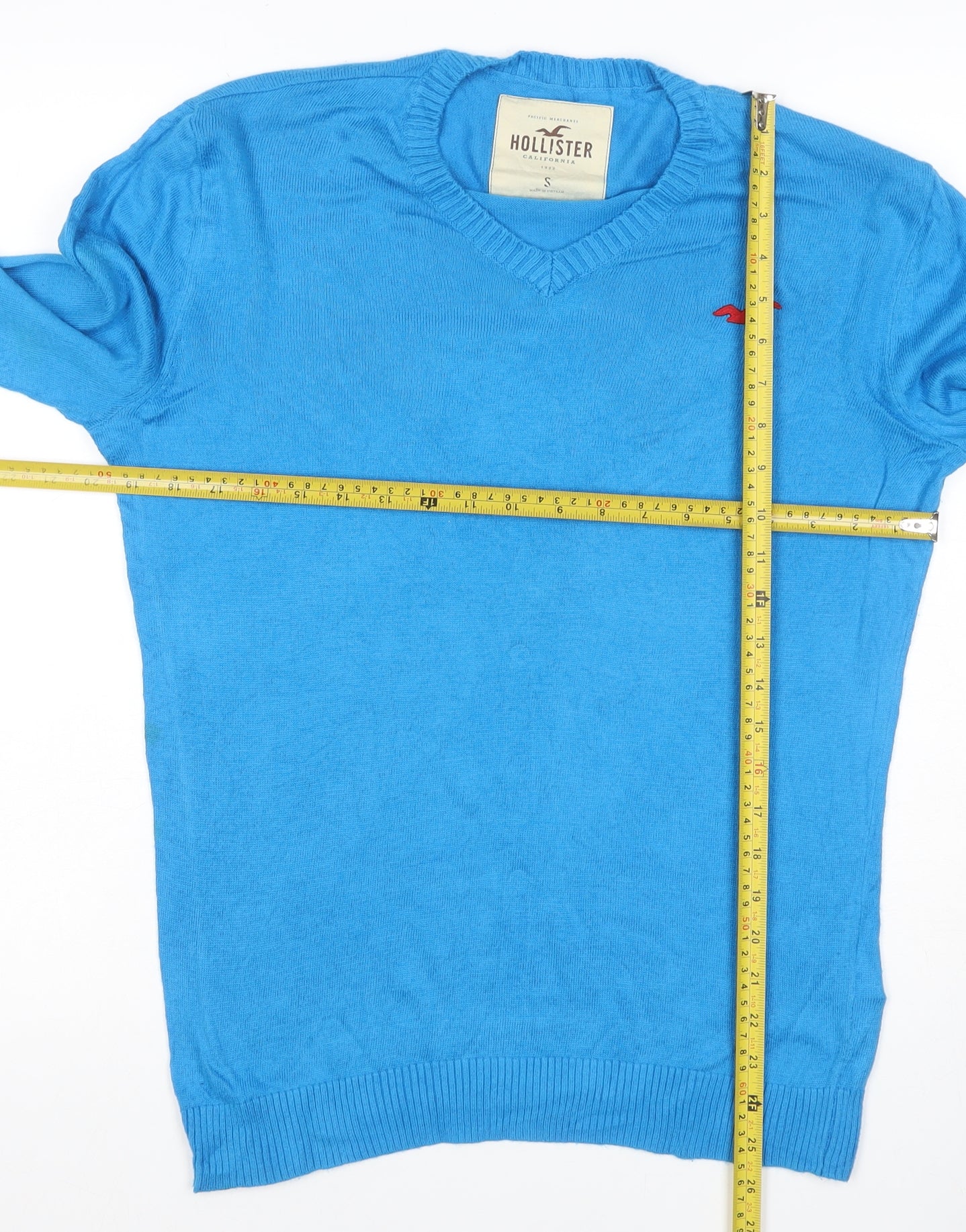 Hollister Men’s Blue S V-Neck Logo Cotton Knit Pullover Jumper
