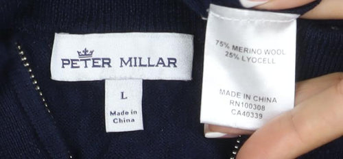 Peter Millar Men’s Blue L Merino Wool 1/4 Zip High Neck Jumper