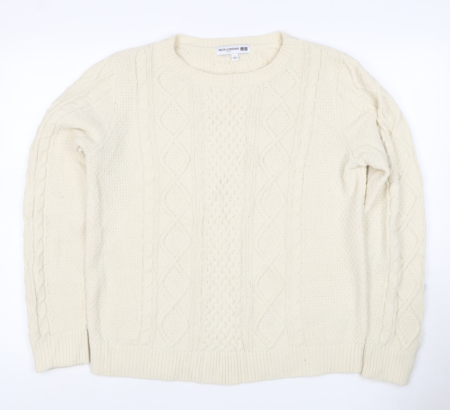 Ines de la Fressange Women Ivory L Cable-Knit Wool Crew Neck Jumper