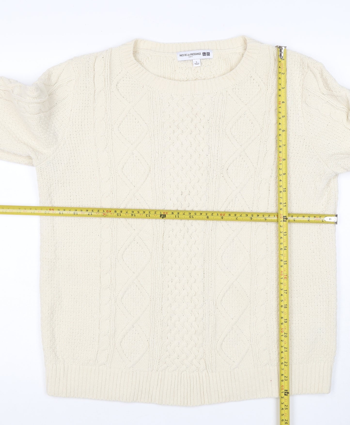 Ines de la Fressange Women Ivory L Cable-Knit Wool Crew Neck Jumper