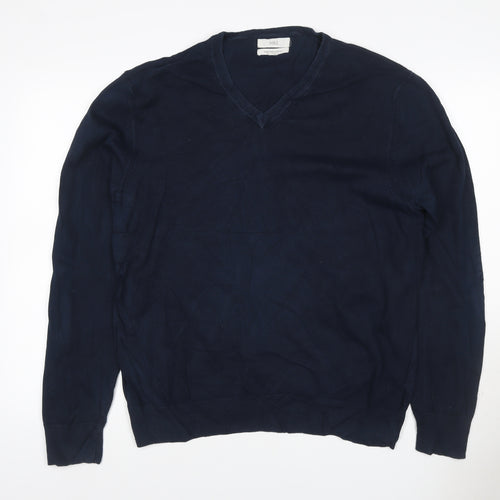 Marks and Spencer Men Blue XL Cotton V-Neck Pullover Jumper