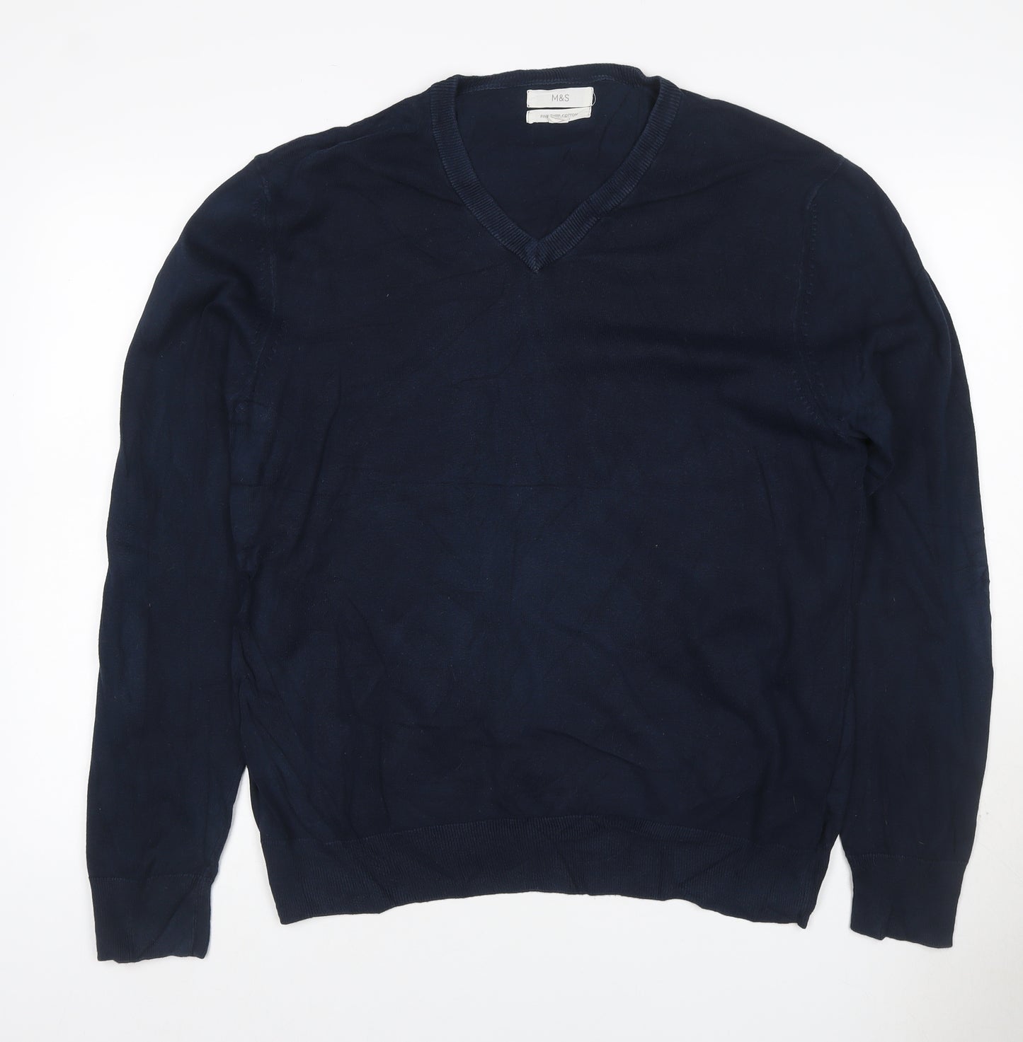 Marks and Spencer Men Blue XL Cotton V-Neck Pullover Jumper