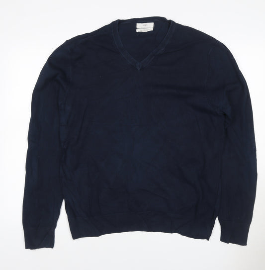 Marks and Spencer Men Blue XL Cotton V-Neck Pullover Jumper