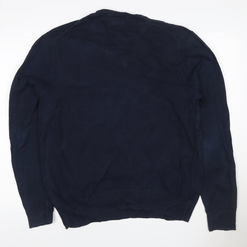 Marks and Spencer Men Blue XL Cotton V-Neck Pullover Jumper