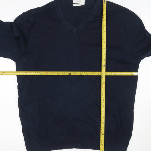 Marks and Spencer Men Blue XL Cotton V-Neck Pullover Jumper