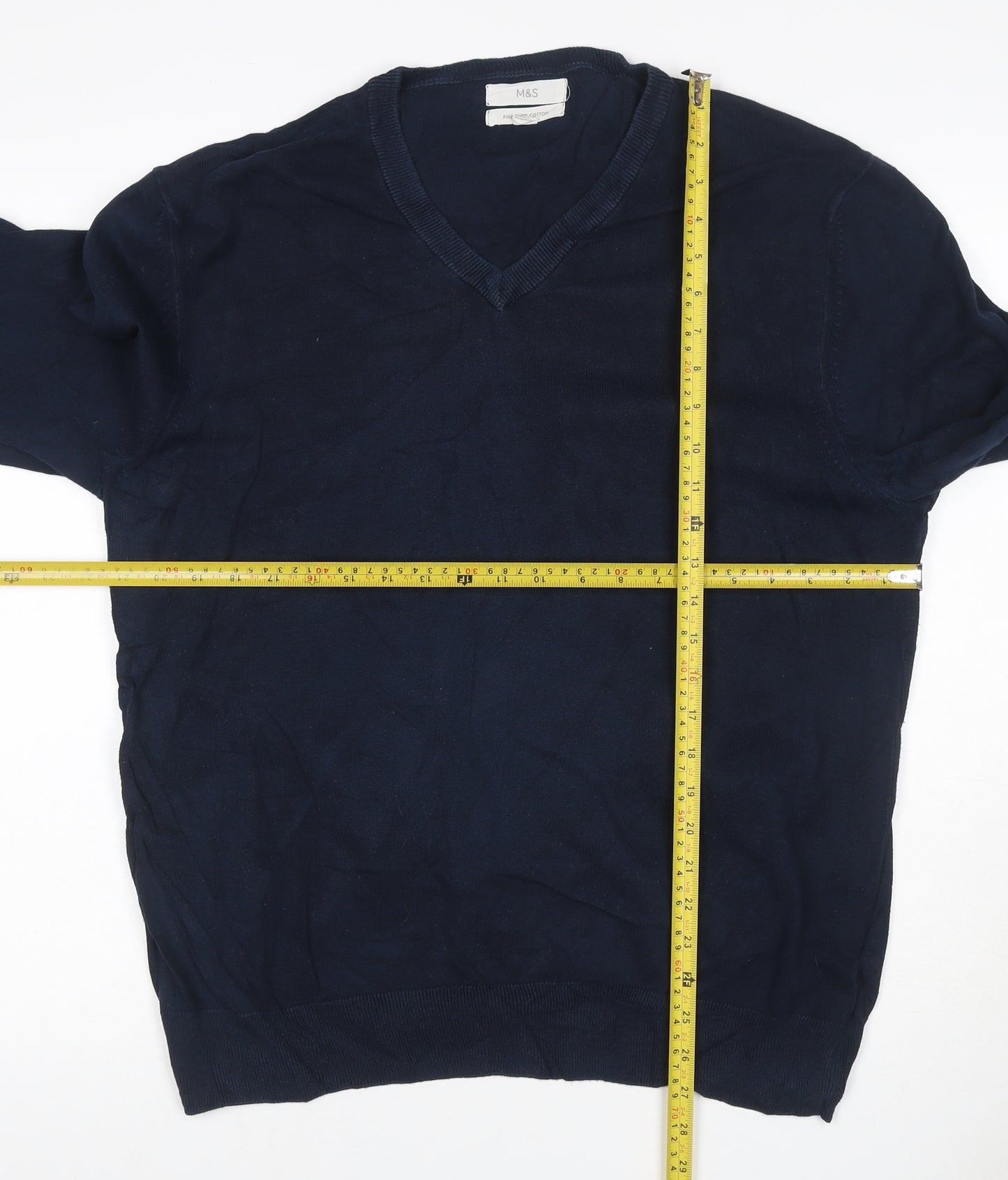 Marks and Spencer Men Blue XL Cotton V-Neck Pullover Jumper