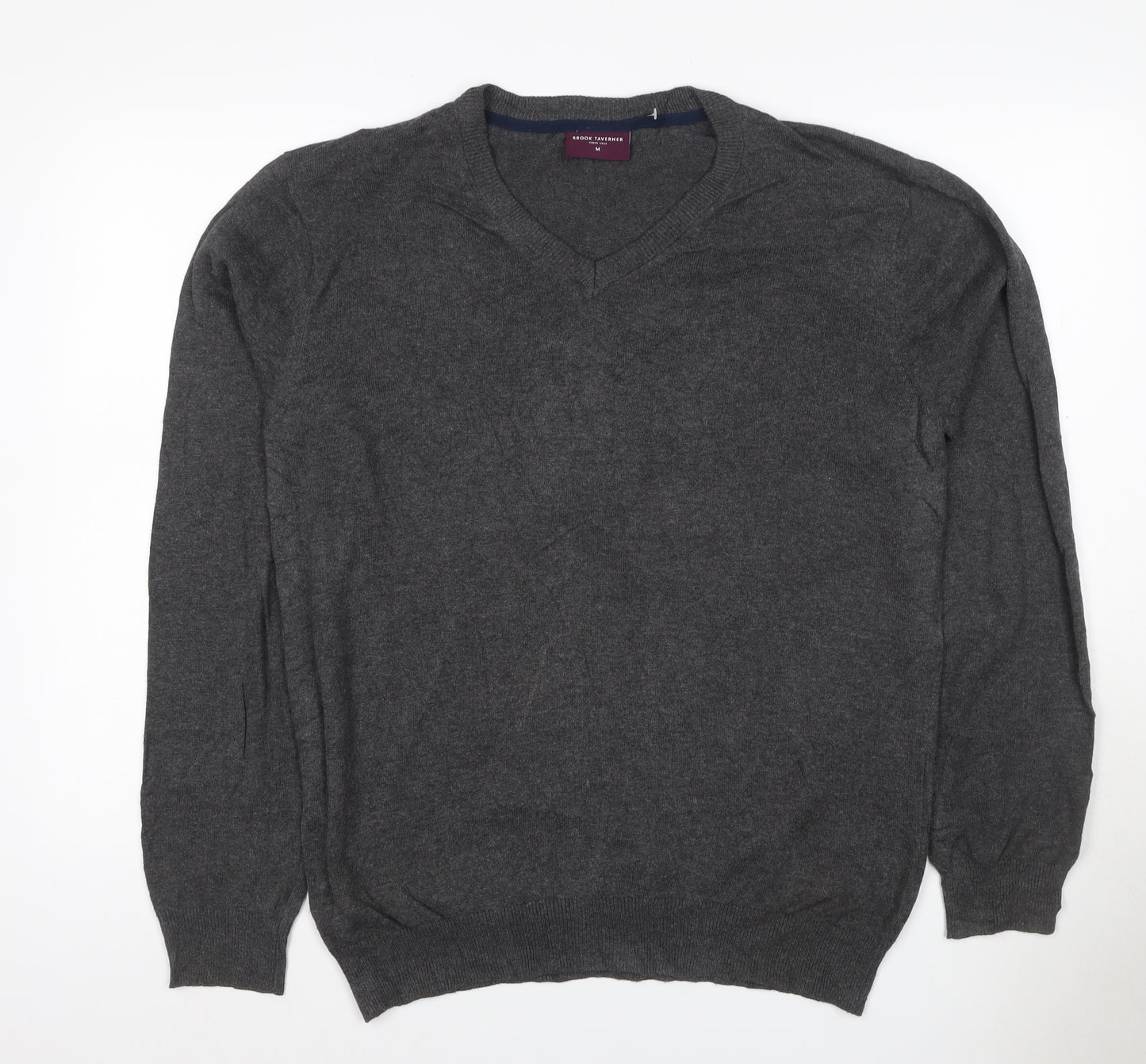 Brook Taverner Men's Grey M V-Neck Cotton Blend Knit Pullover Jumper