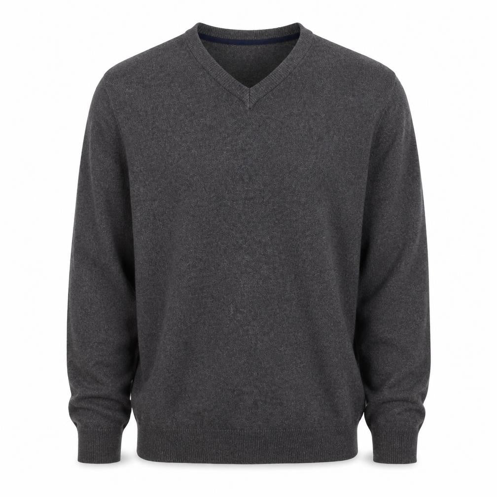 Front view of Brook Taverner Men's Grey M V-Neck Cotton Blend Knit jumper