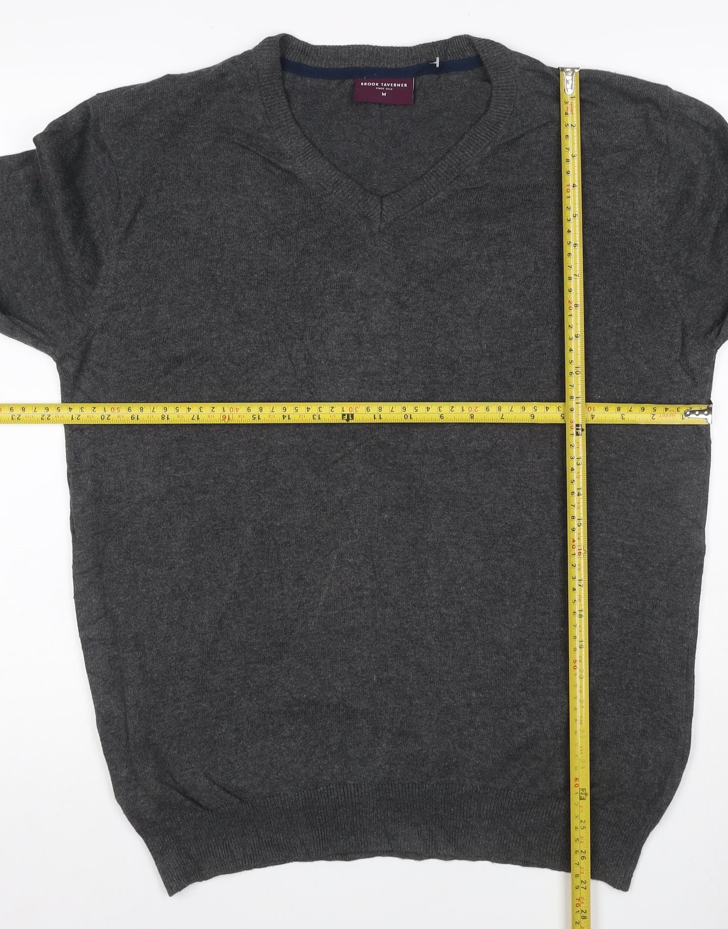 Brook Taverner Men's Grey M V-Neck Cotton Blend Knit Pullover Jumper