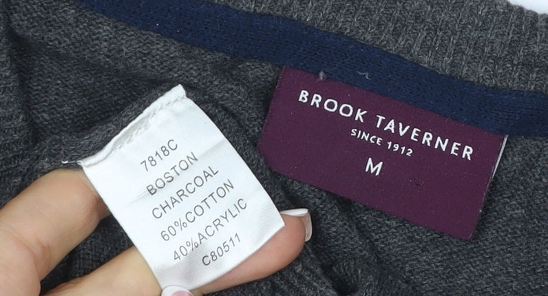Brook Taverner Men's Grey M V-Neck Cotton Blend Knit Pullover Jumper