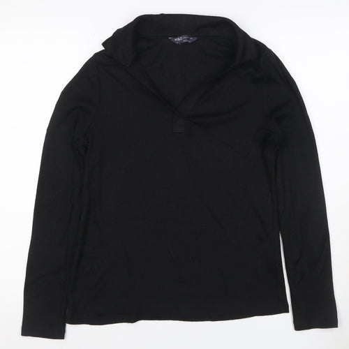 M&S Women’s Black UK 10 Ribbed Knit V-Neck Long Sleeve Blouse