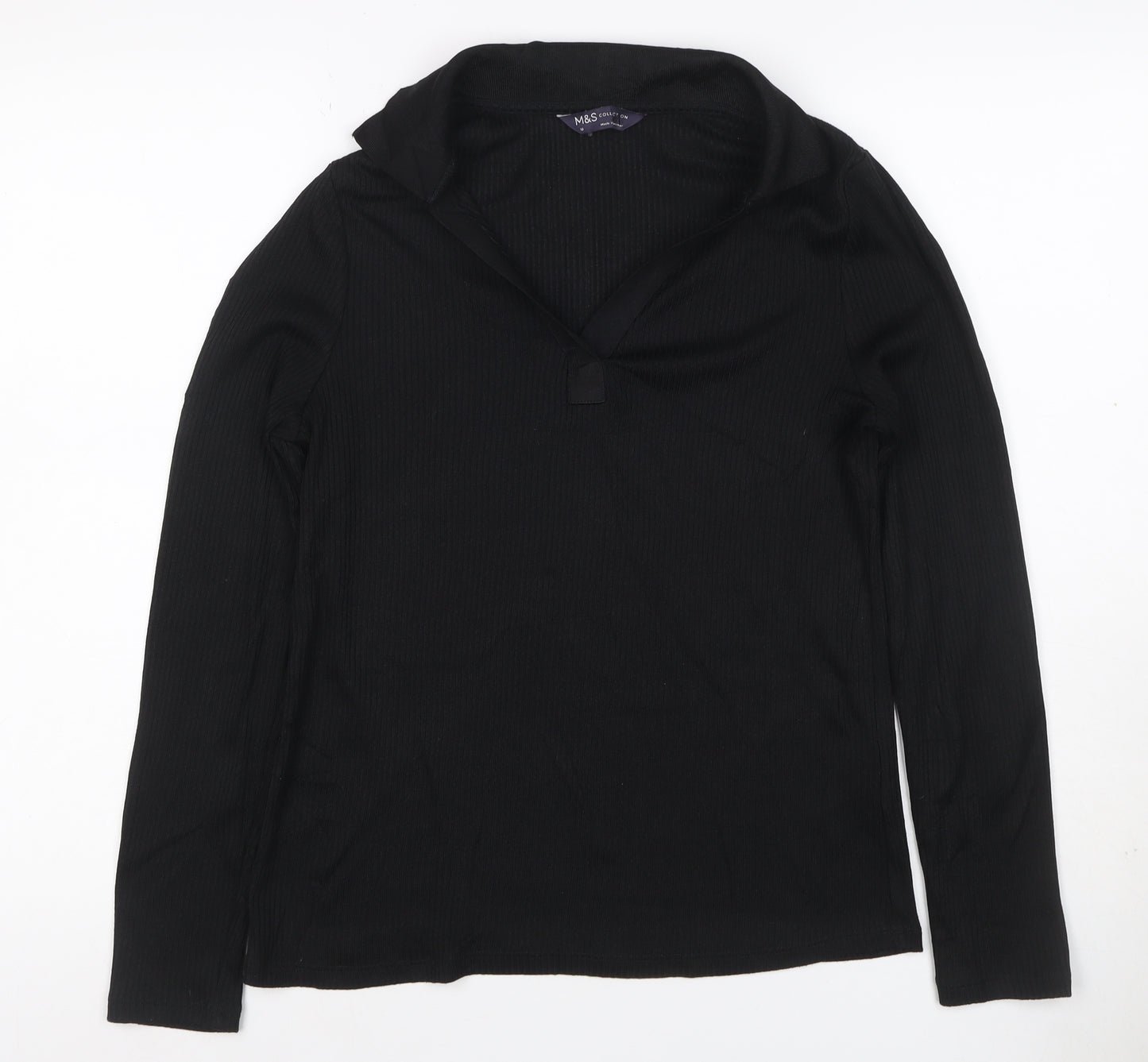 M&S Women’s Black UK 10 Ribbed Knit V-Neck Long Sleeve Blouse