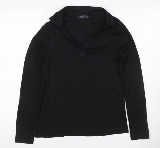 M&S Women’s Black UK 10 Ribbed Knit V-Neck Long Sleeve Blouse