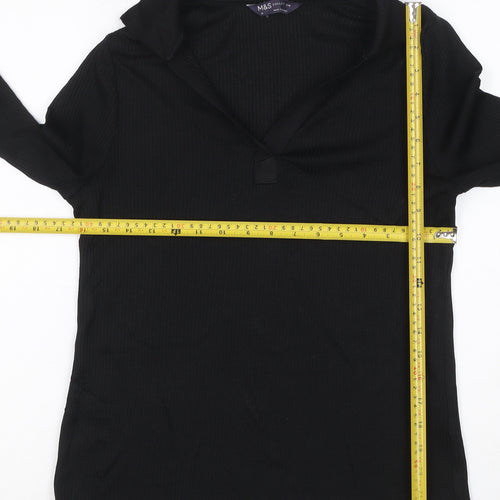 M&S Women’s Black UK 10 Ribbed Knit V-Neck Long Sleeve Blouse