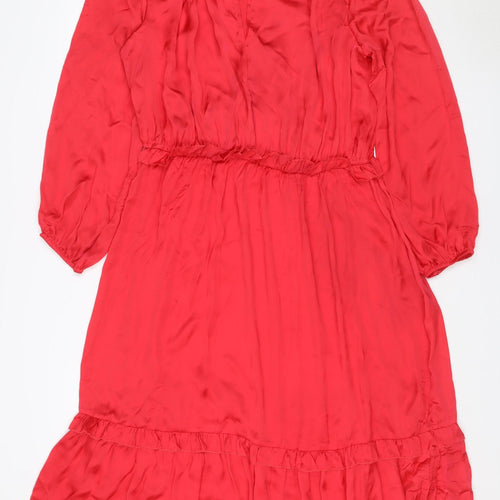 Next Women Red UK 18 Knee Length Fit & Flare Ruffle Long Sleeve Dress