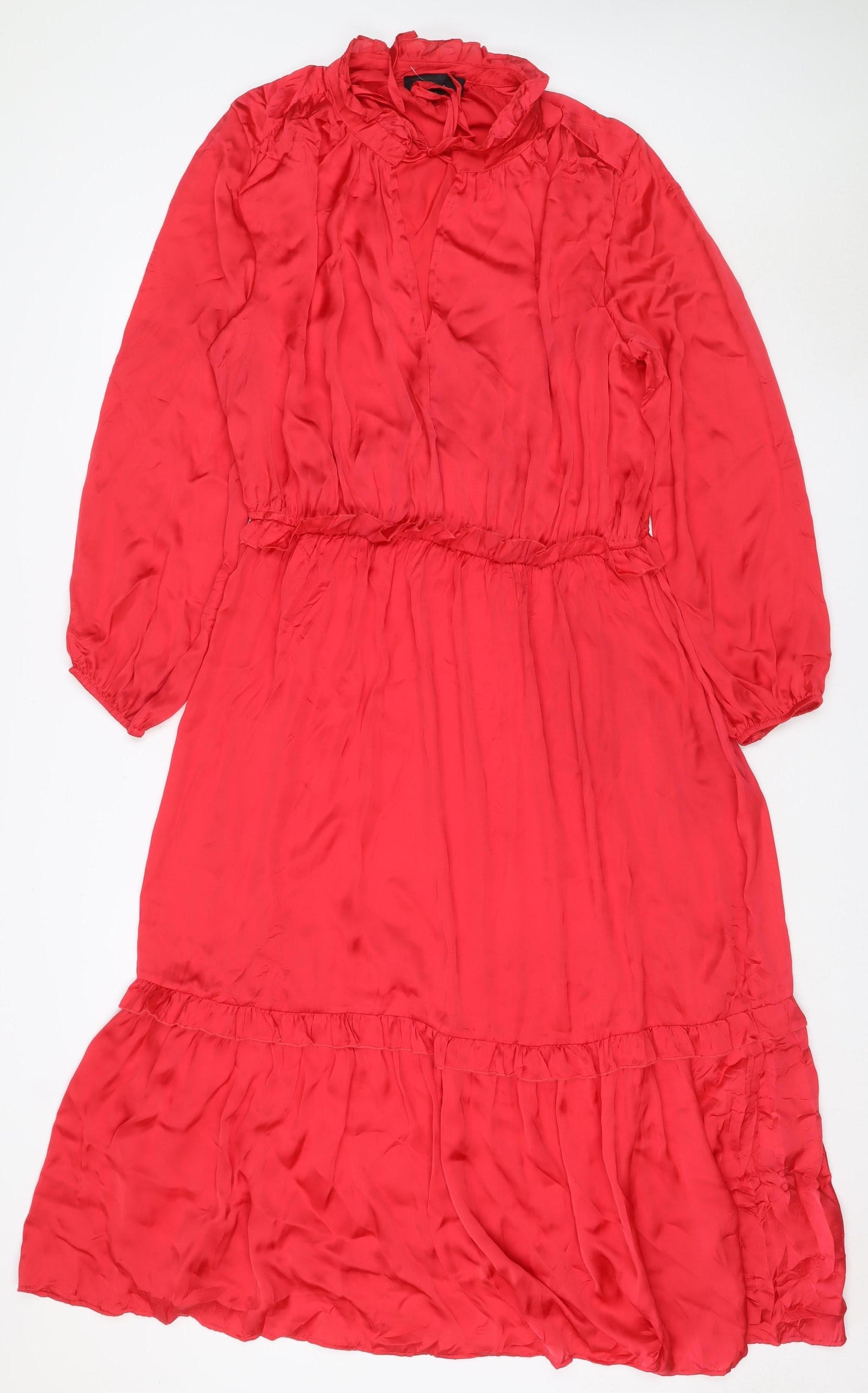 Next Women Red UK 18 Knee Length Fit & Flare Ruffle Long Sleeve Dress