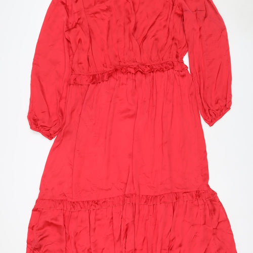Next Women Red UK 18 Knee Length Fit & Flare Ruffle Long Sleeve Dress