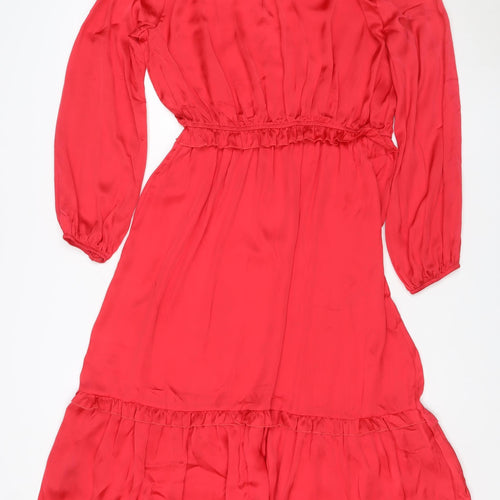 Next Women Red UK 10 Fit & Flare Ruffle Long Sleeve Dress
