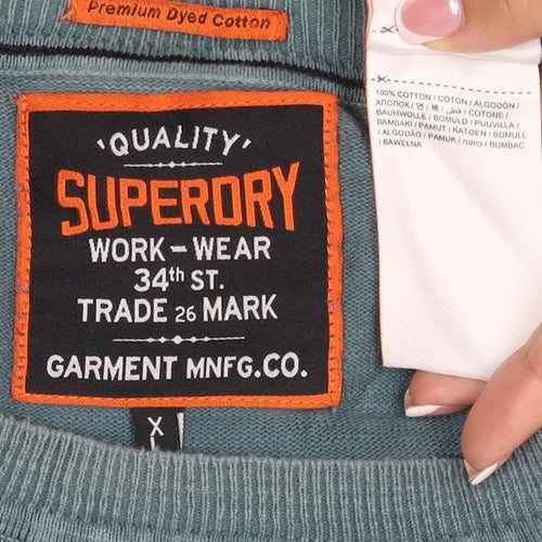 Superdry Men Green XL Cotton Crew Neck Pullover Jumper Logo