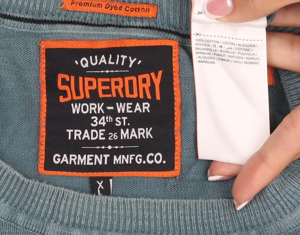 Superdry Men Green XL Cotton Crew Neck Pullover Jumper Logo